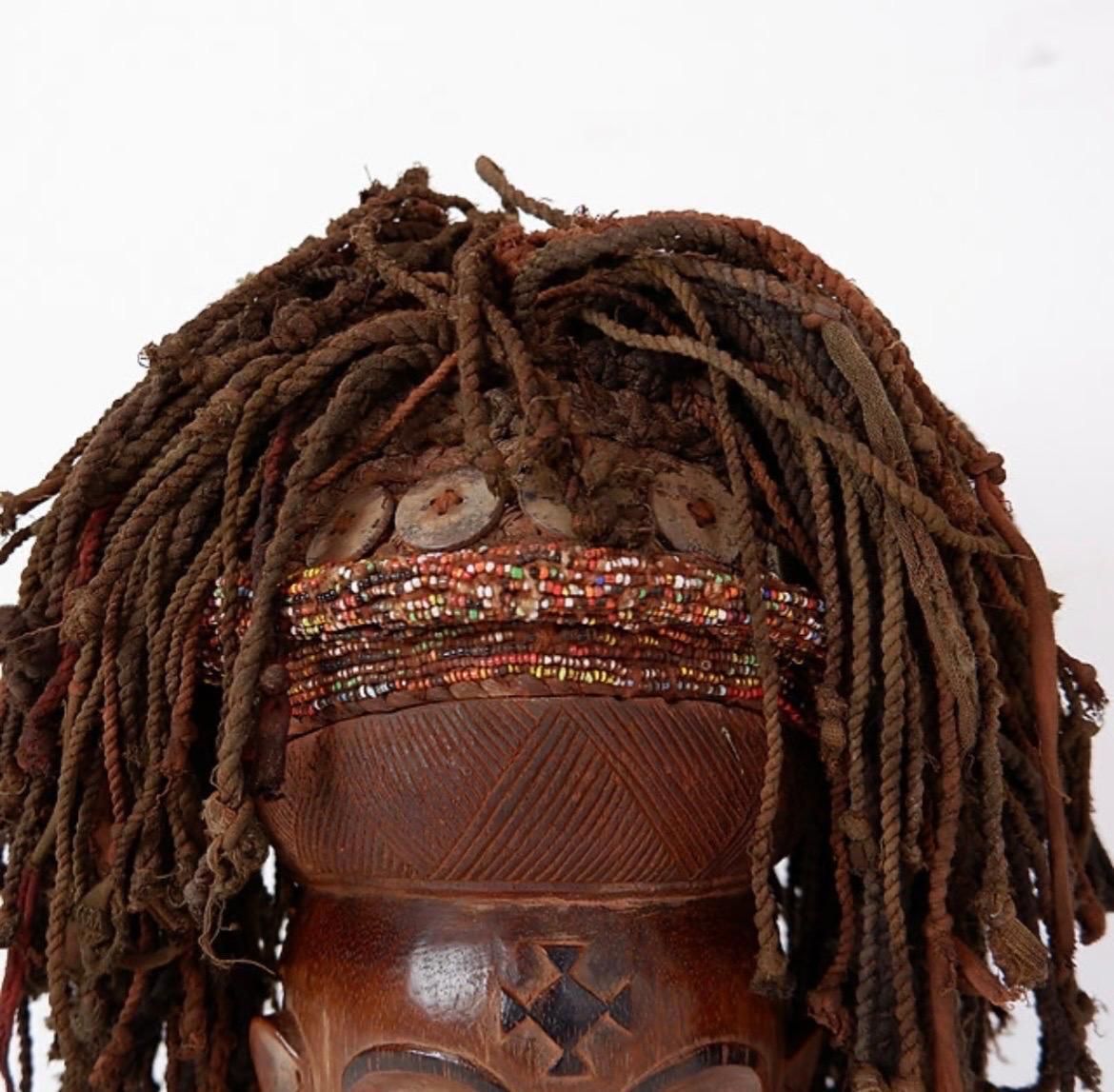African Mask Sculpture On Base, Hardwood And Cord, Tribal Decor, 1990s photo for sale