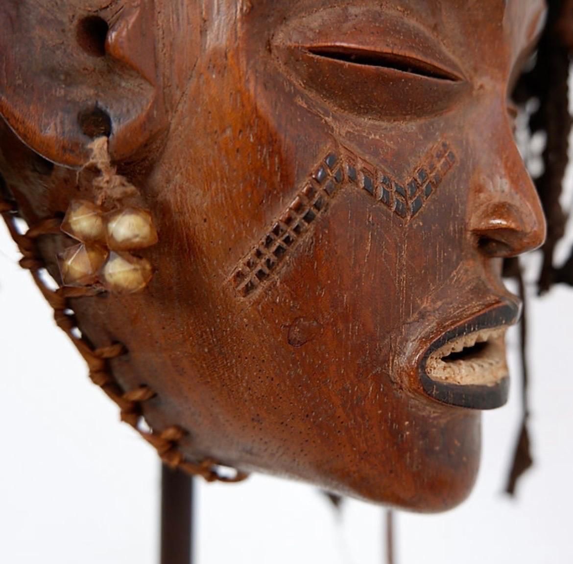 African Mask Sculpture On Base, Hardwood And Cord, Tribal Decor, 1990s photo Art