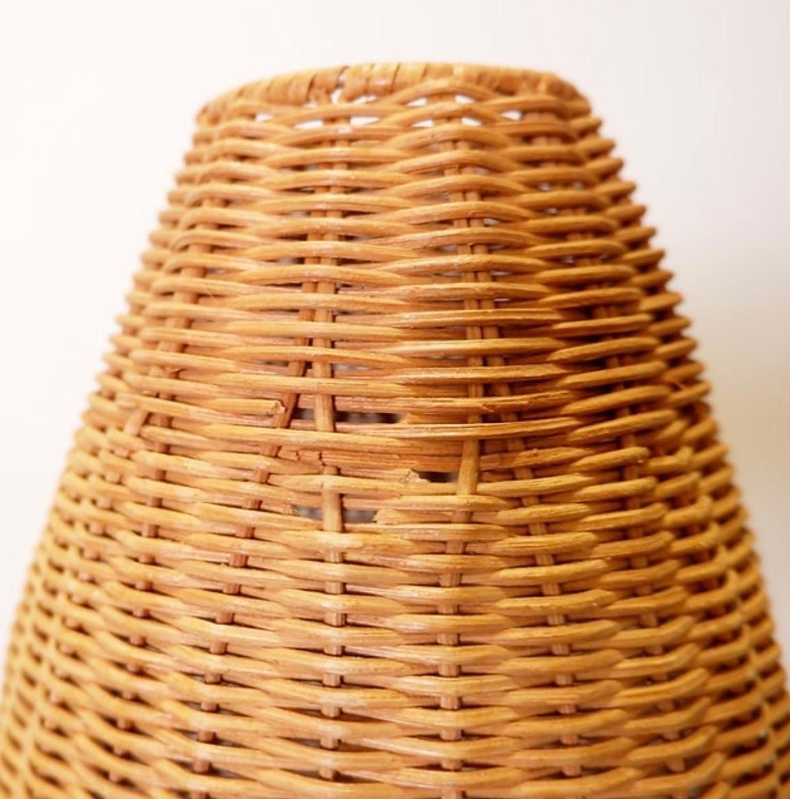 Lighting Vintage Teak Mushroom Table Lamp With Wicker Lampshade, Belgium, 1970 photo