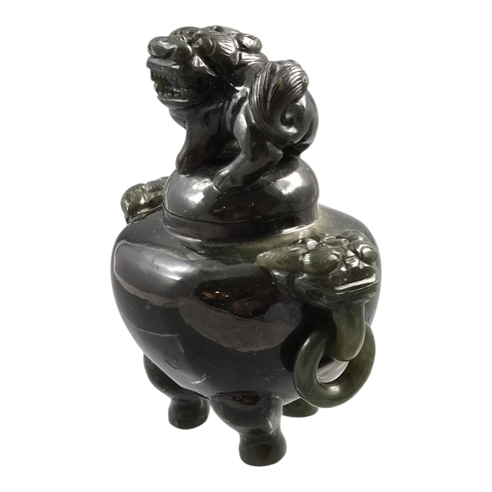 Chinese Spinach Green Jade Incense Burner With Foo Dog Lid, C. 1900–1920 photo for sale