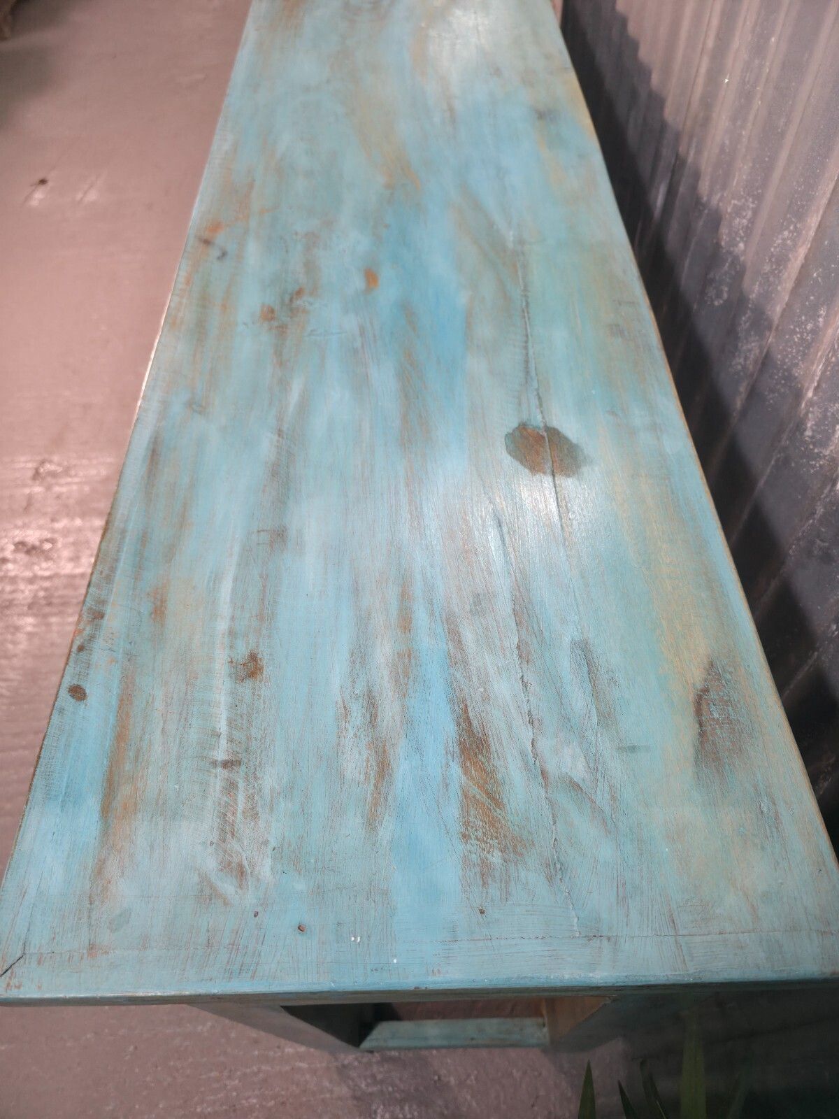 photo furniture Vintage Reclaimed Indian Blue Solid Wooden Carved Hallway Console Table