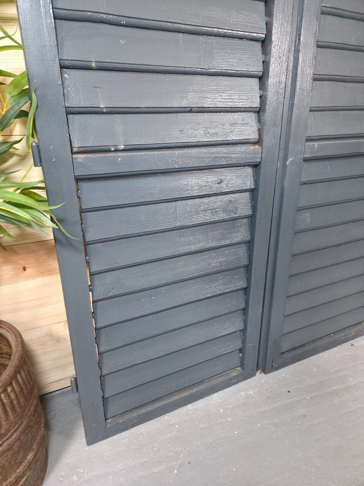 Vintage Antique Pair Rustic French Louvered Pine Wooden Window Shutters photo Home Fixtures