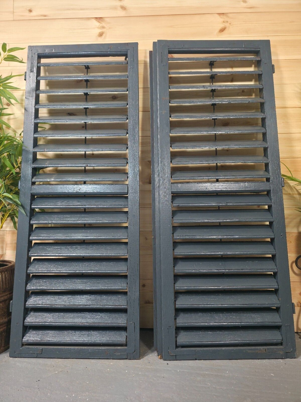 Vintage Antique Pair Rustic French Louvered Pine Wooden Window Shutters photo vinterior