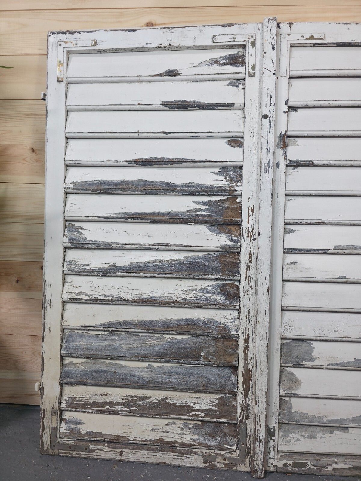 Vintage Antique Pair Rustic French Louvered Pine Wooden Window Shutters photo furniture