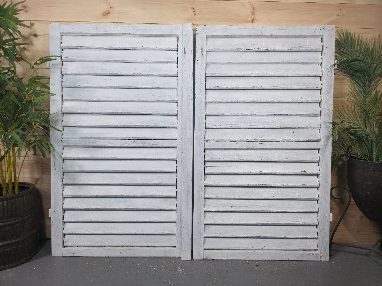 Vintage Antique Pair Rustic French Louvered Pine Wooden Window Shutters