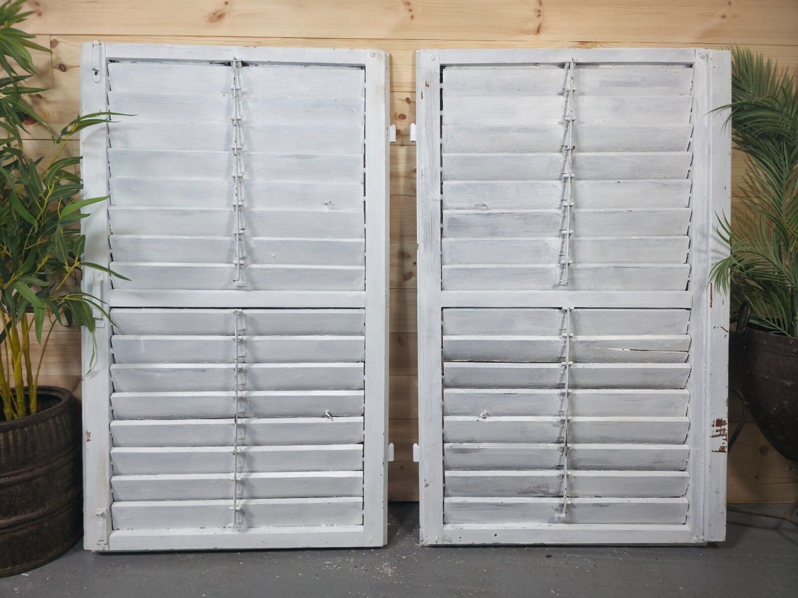 Vintage Antique Pair Rustic French Louvered Pine Wooden Window Shutters photo 150.0