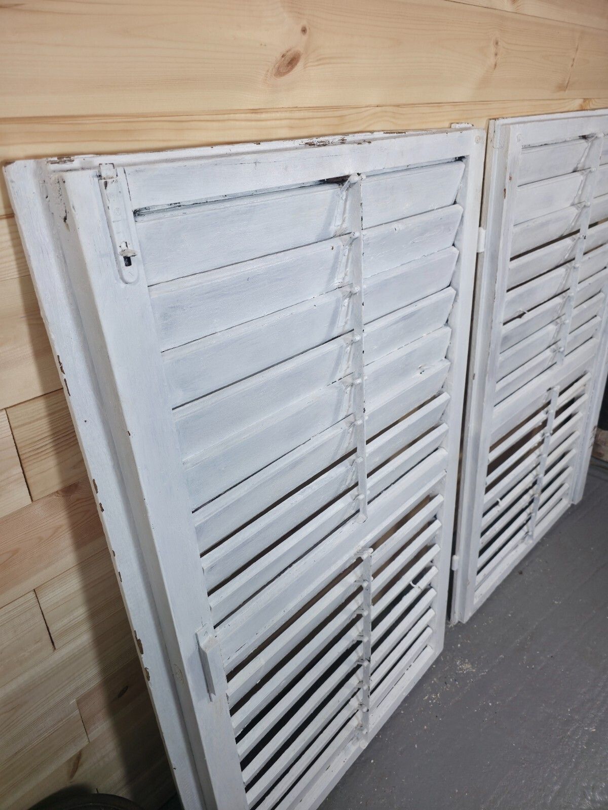 Vintage Antique Pair Rustic French Louvered Pine Wooden Window Shutters photo vinterior