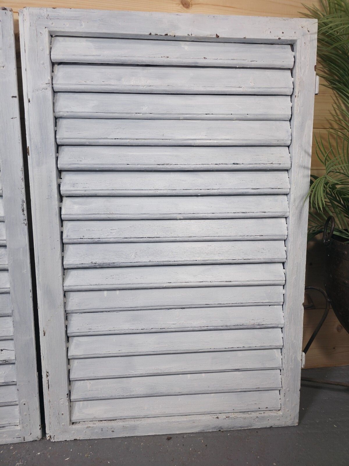 Vintage Antique Pair Rustic French Louvered Pine Wooden Window Shutters photo for sale