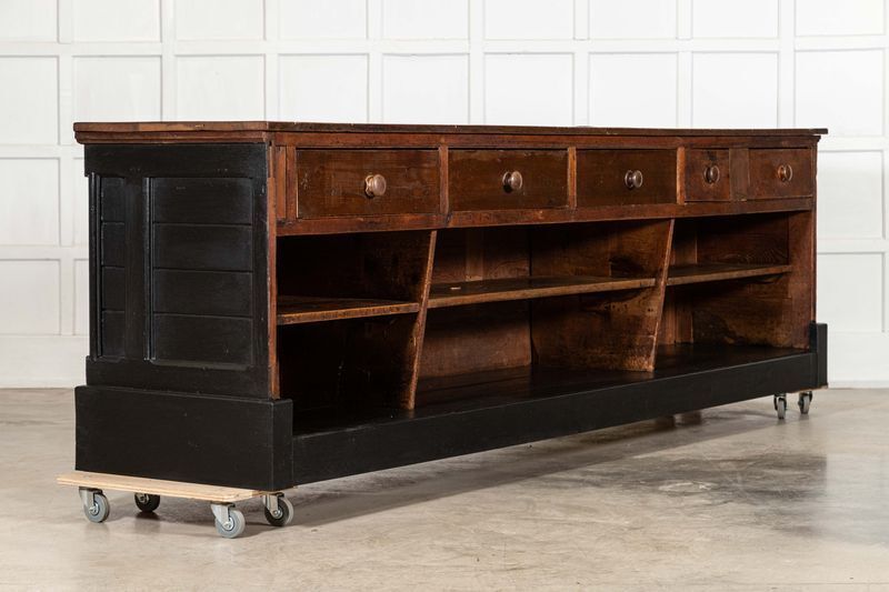 Monumental 19thc English Walnut Top Ebonised Pine Haberdashery Shop Counter photo for sale