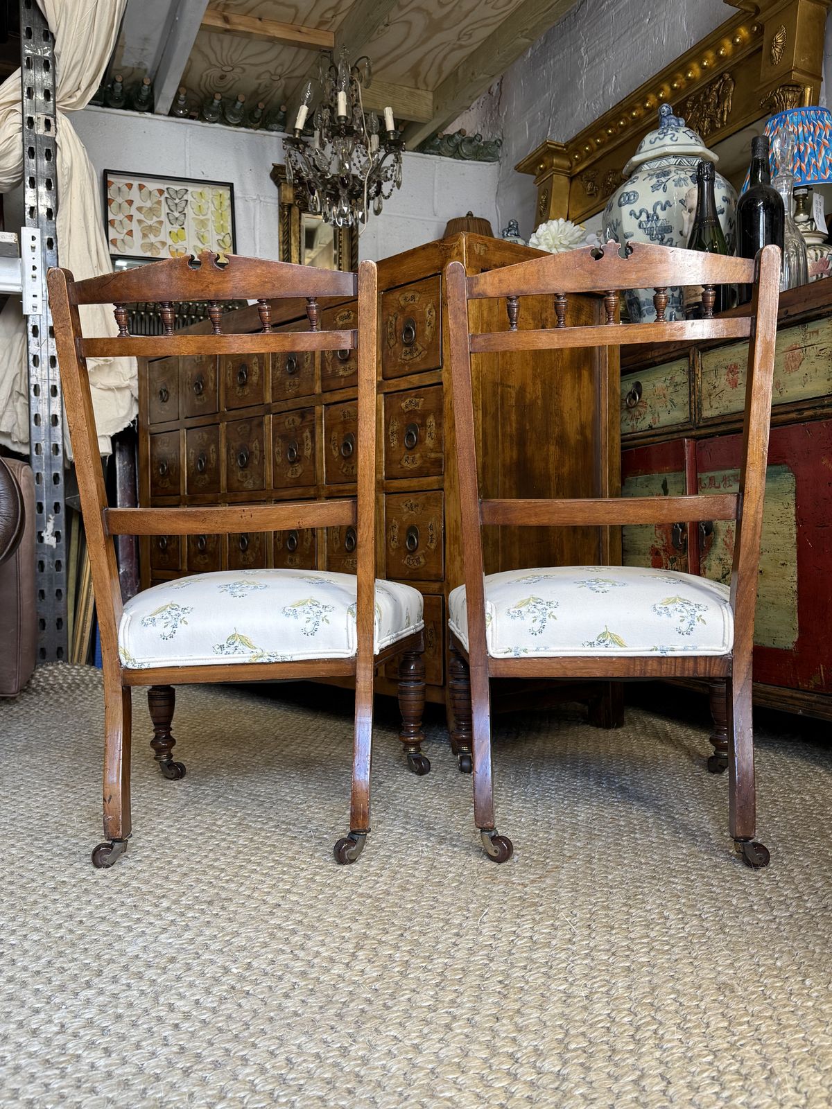 Pair Of Antique Mahogany Nursing Chairs Accent Low Dressing Room Chairs photo vinterior