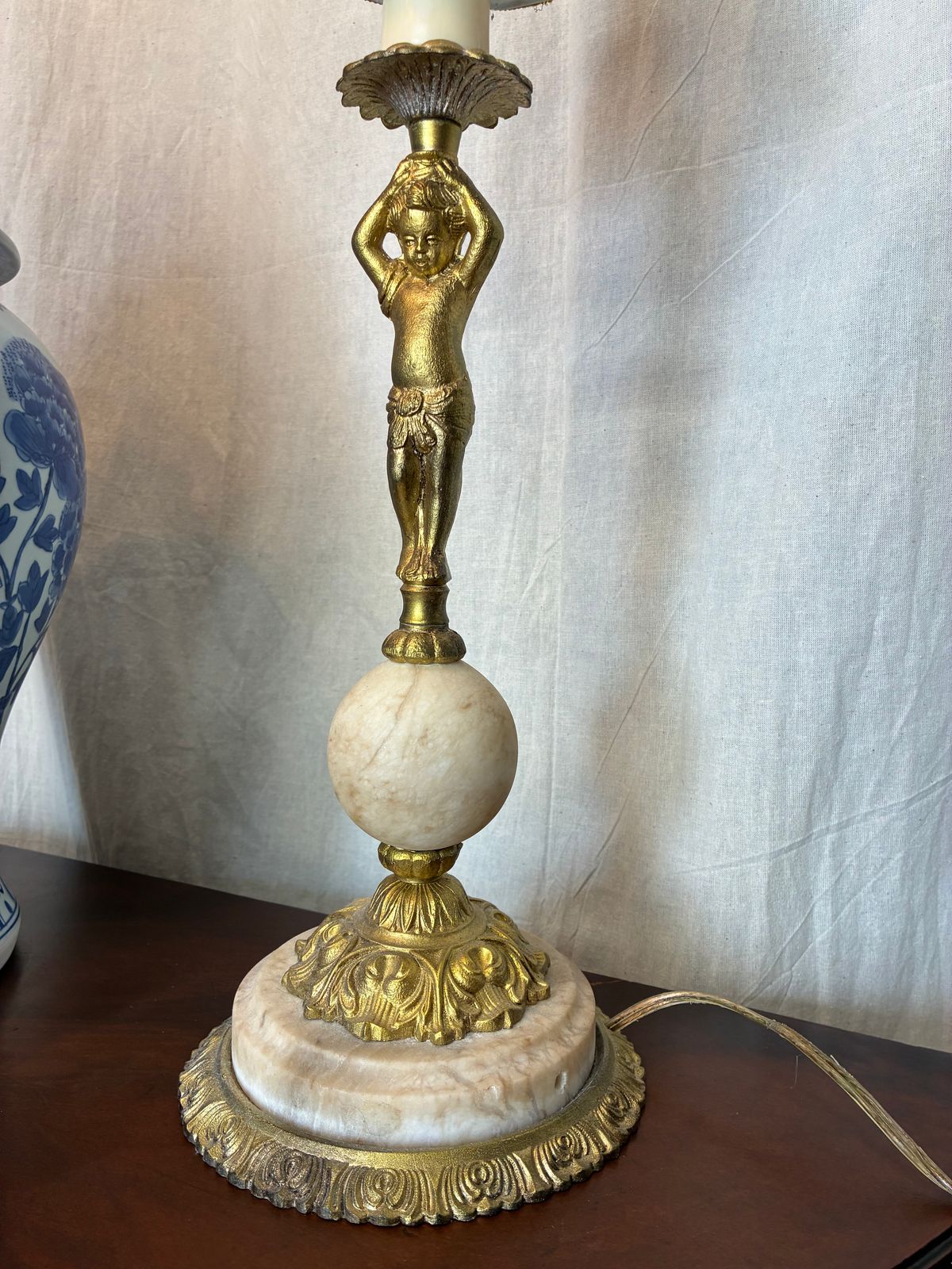 Antique French Pair Of Lamps Cherub Gold And Marble Table Lamps photo for sale