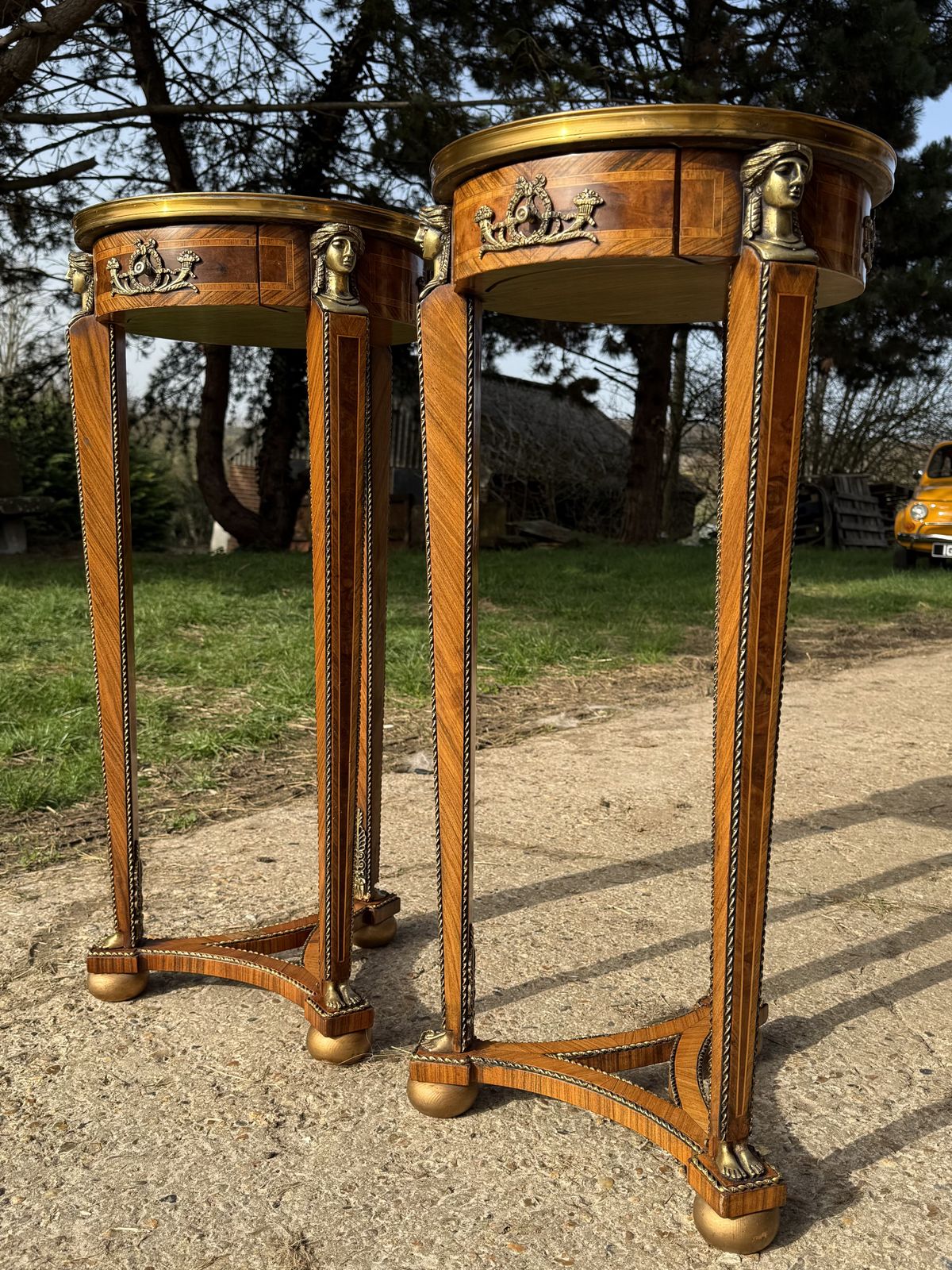 Pair Of French Kingwood Occasional Tables Marble Top Inlaid Side Tables photo Furniture