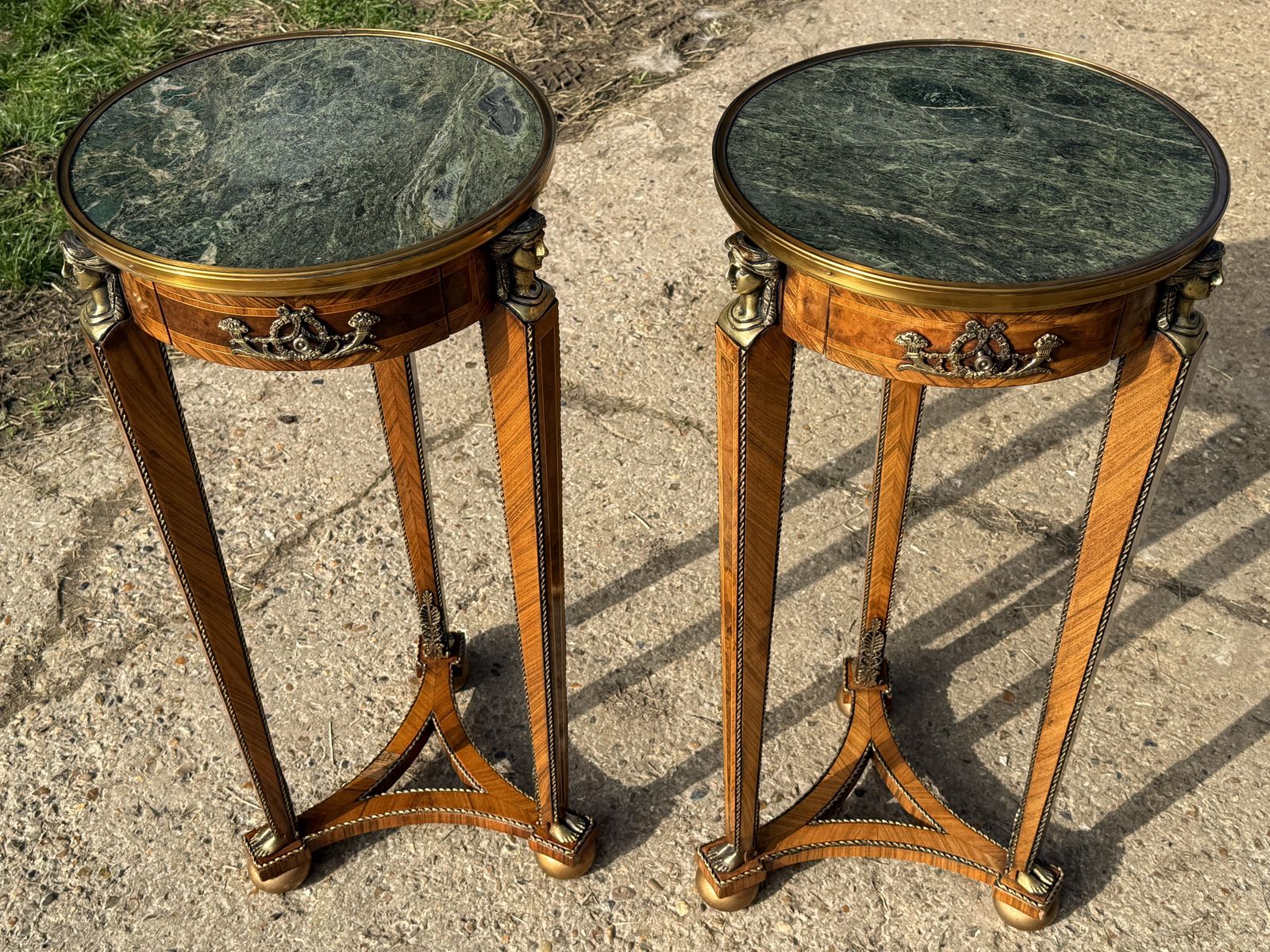 Pair Of French Kingwood Occasional Tables Marble Top Inlaid Side Tables photo buy