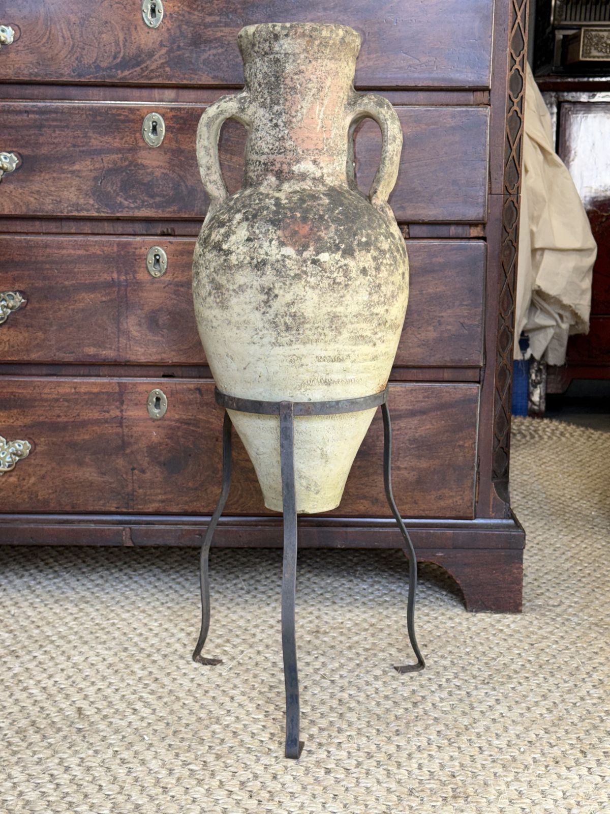Olive Urn On Metal Stand Terracotta Pottery Amphora photo for sale