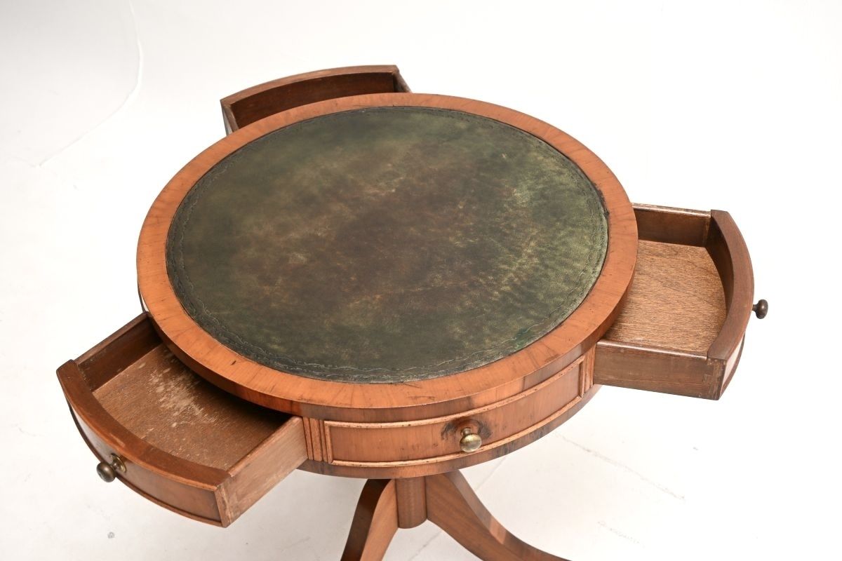 Antique Yew Wood Leather Top Drum Table photo vinterior