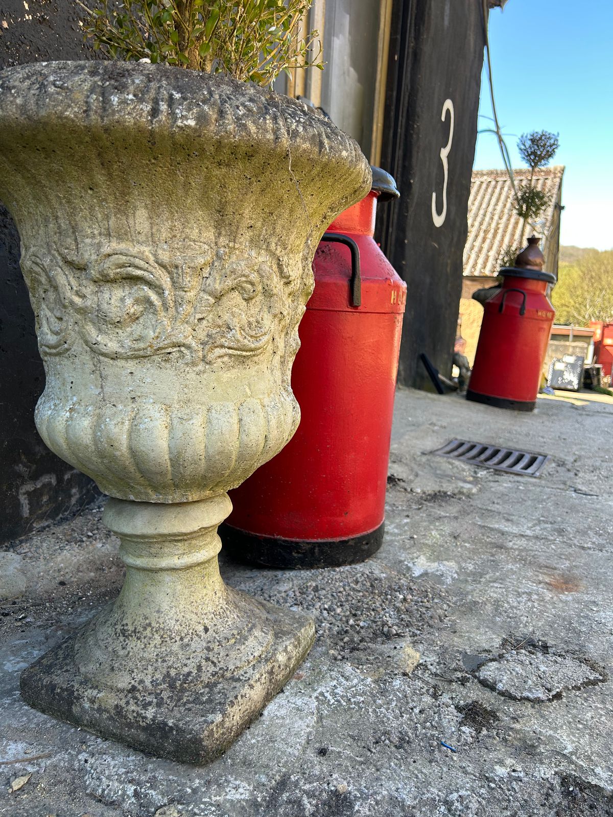 Pair Of Urns Planters And Cloud Trees Antique Greek Style Garden Urns photo vinterior