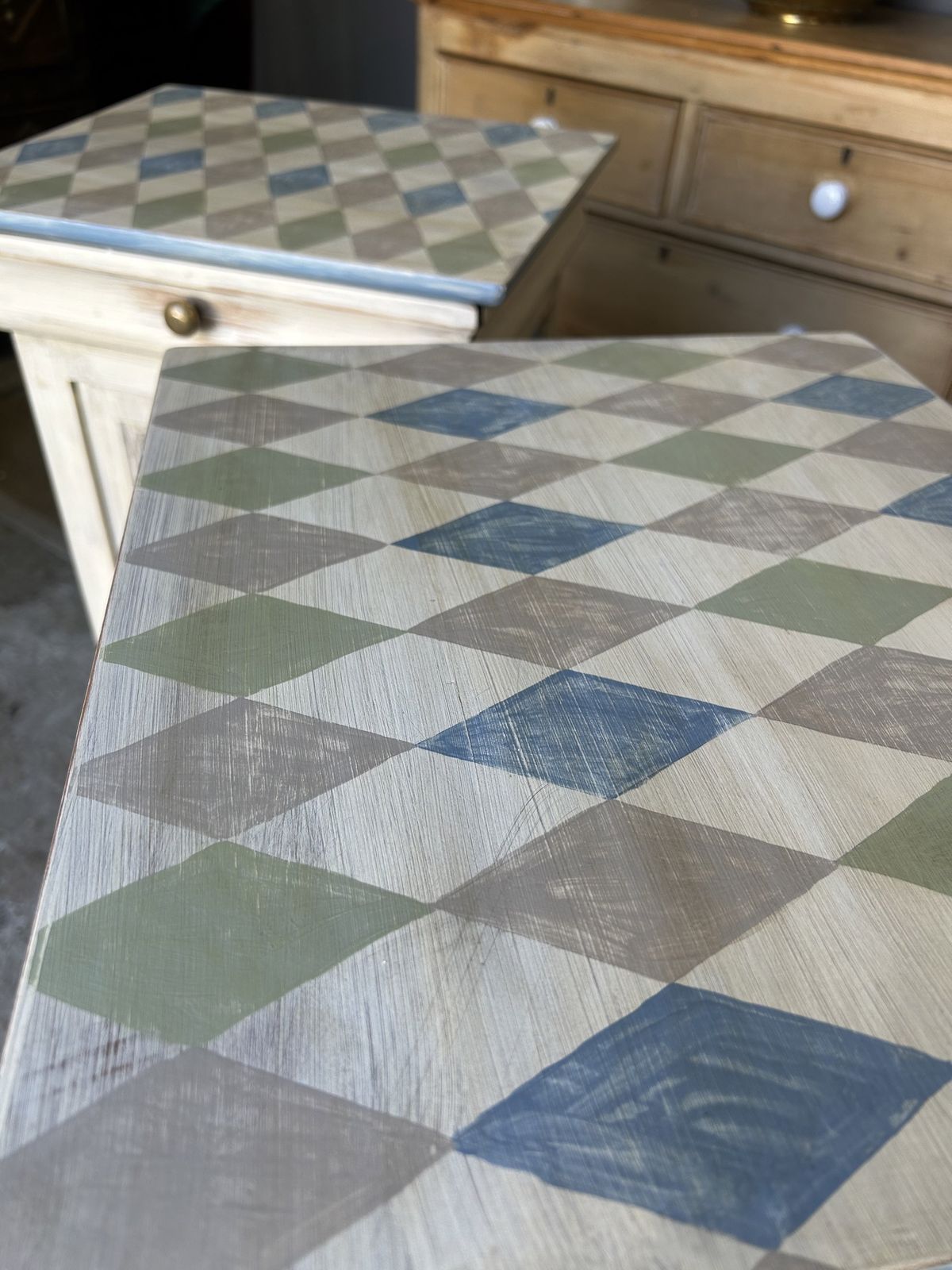 Pair Of French Bedside Tables Painted In An Antiqued Diamond photo for sale