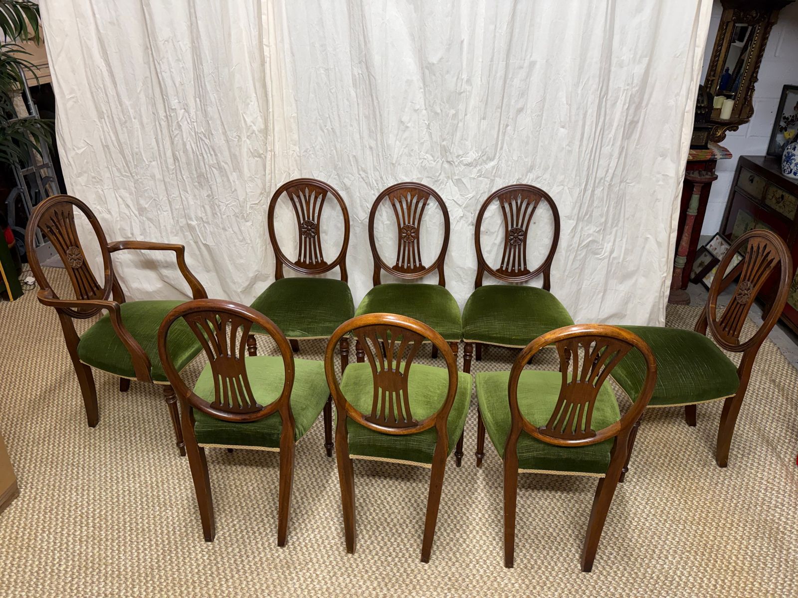 photo for sale Set Of 8 Mahogany Dining Chairs Green Velvet Upholstered Dining Chairs