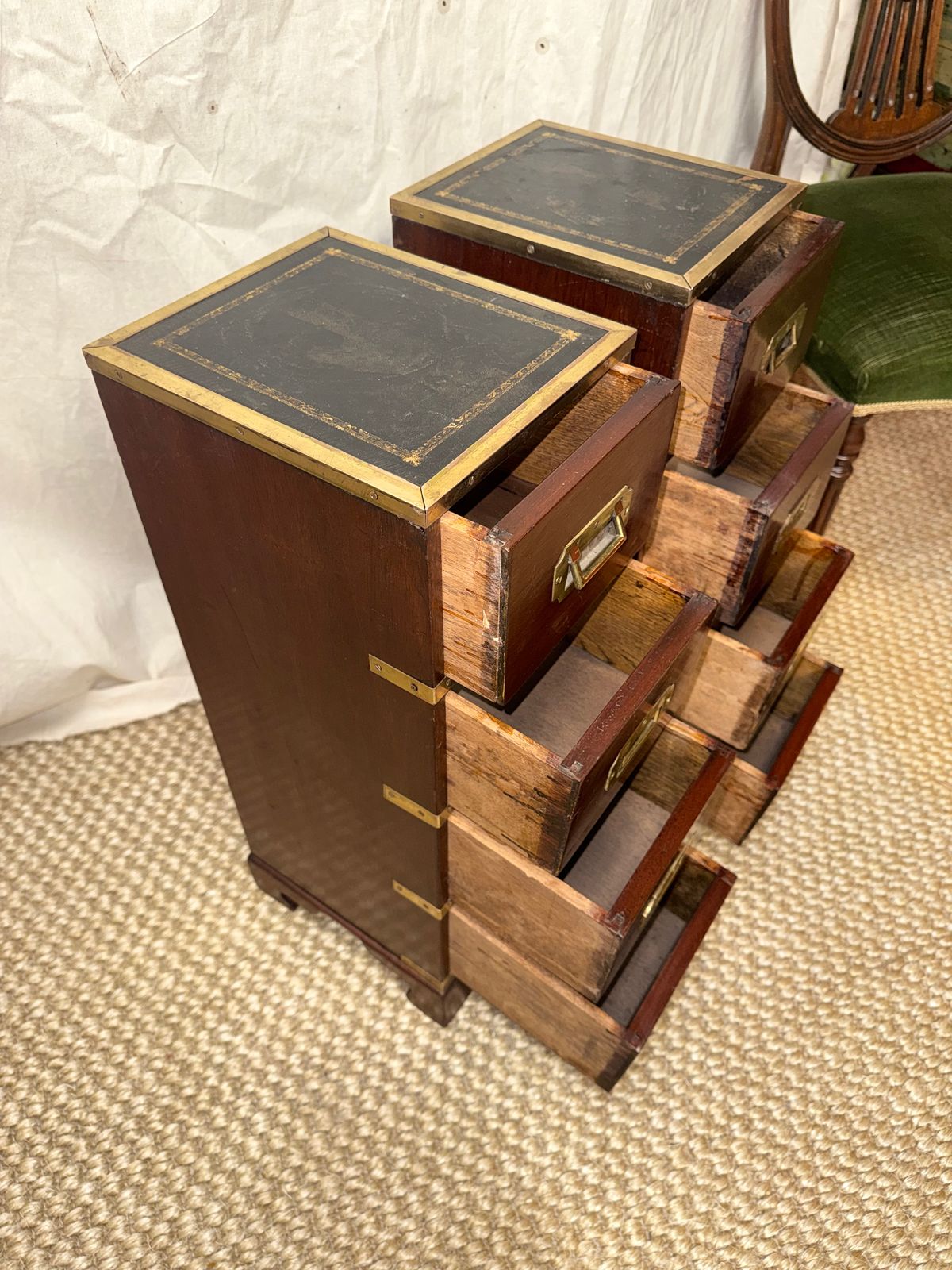 Pair Of Bedside Brass Bound Military Bedside Campaign Cabinets Tables Drawers photo for sale