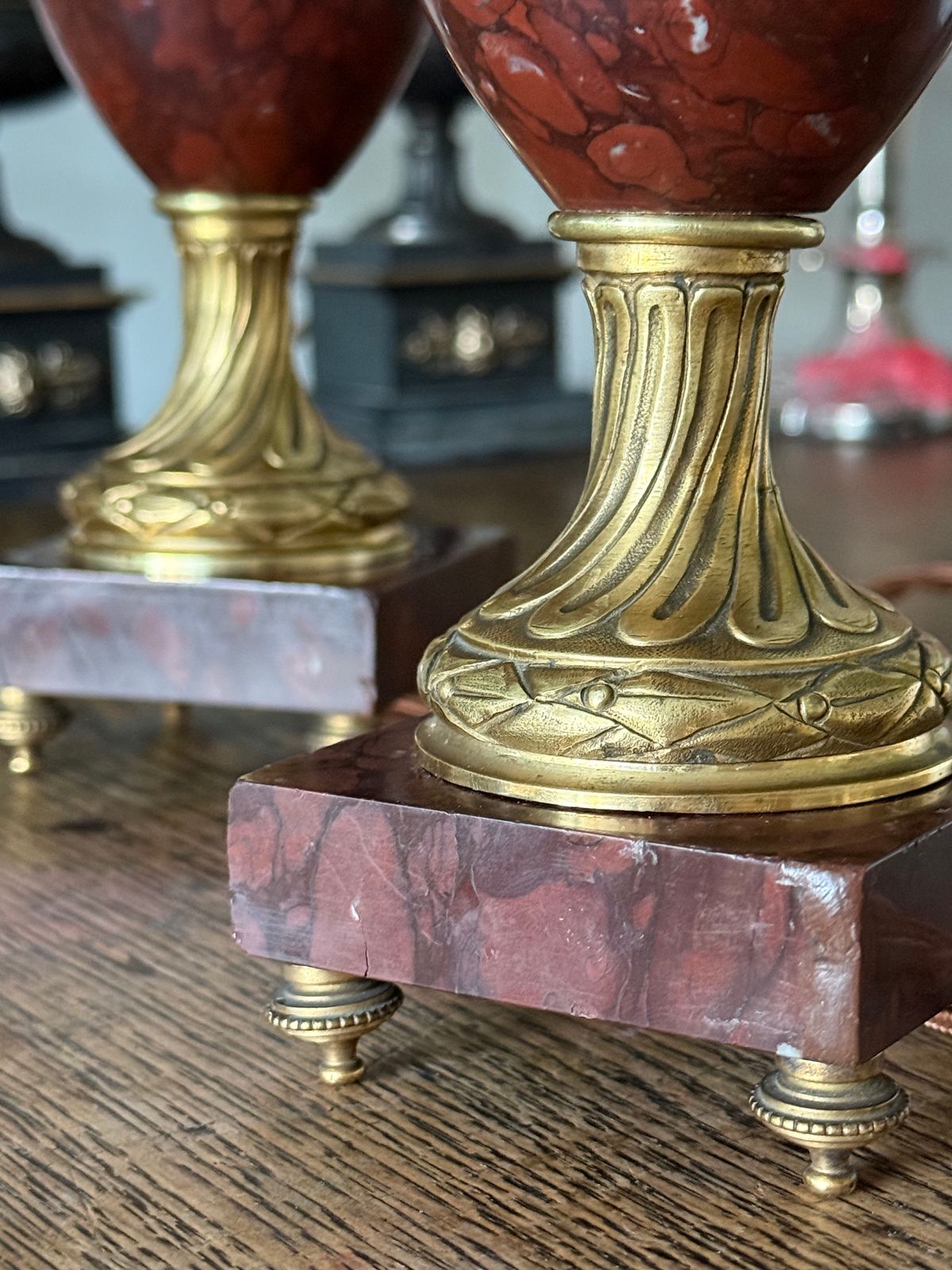 Pair Of French Red Marble And Brass Lights Table Lamps photo Lighting