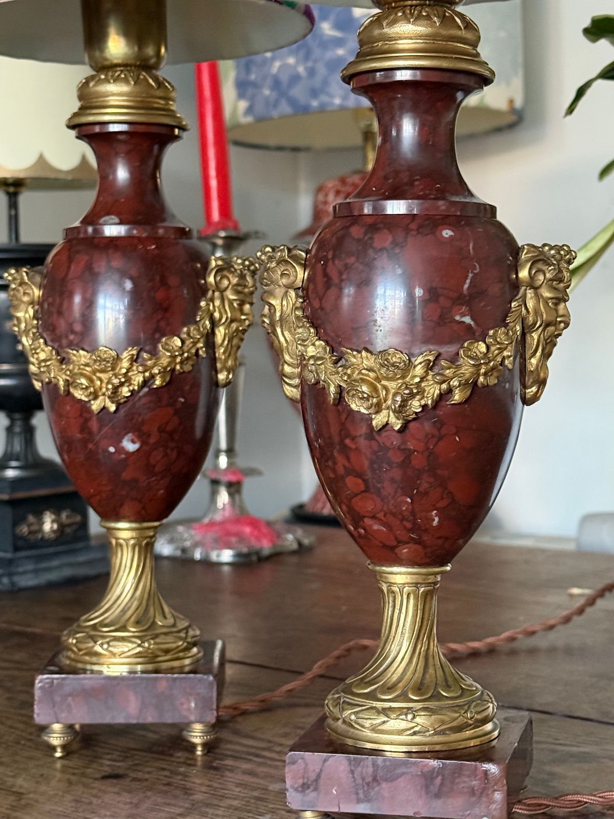 Pair Of French Red Marble And Brass Lights Table Lamps photo vinterior