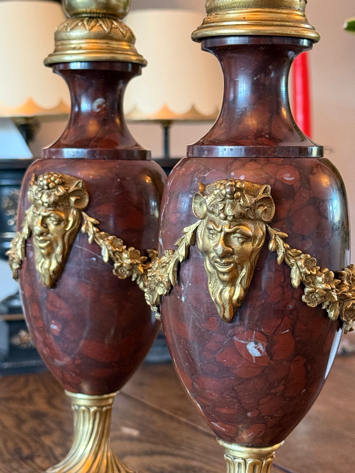 Pair Of French Red Marble And Brass Lights Table Lamps photo buy