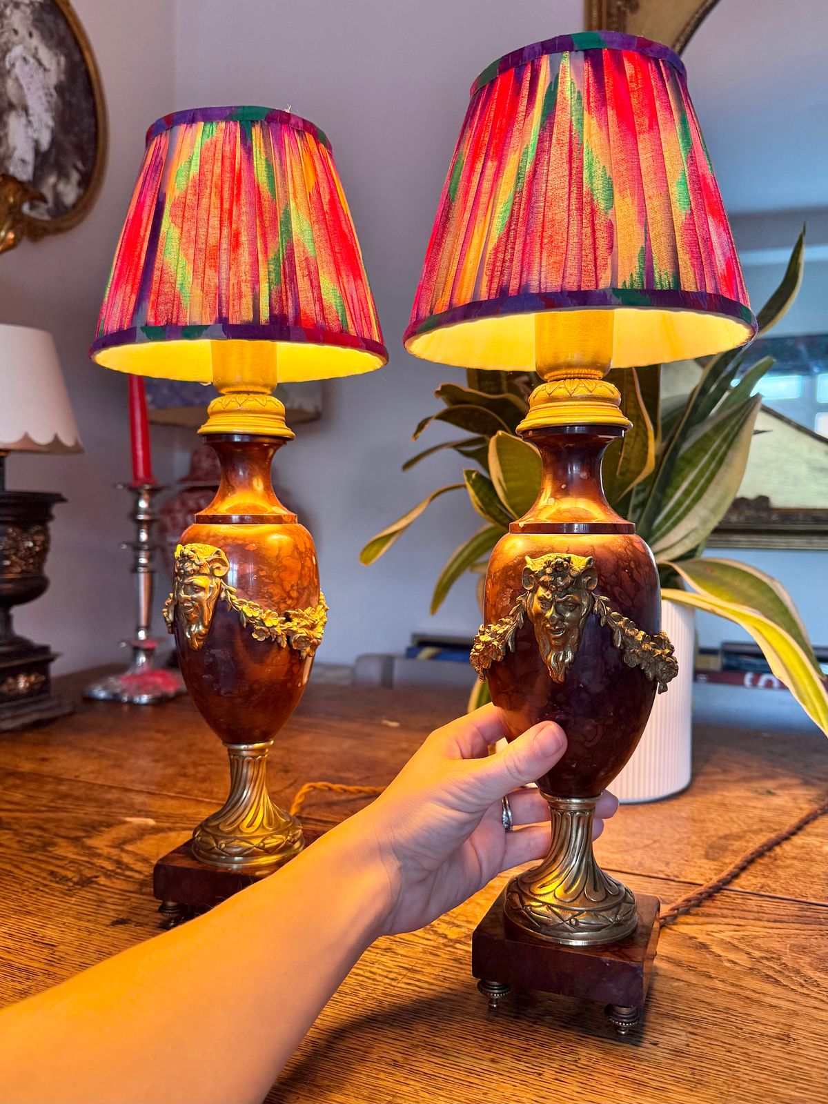 Lighting Pair Of French Red Marble And Brass Lights Table Lamps photo