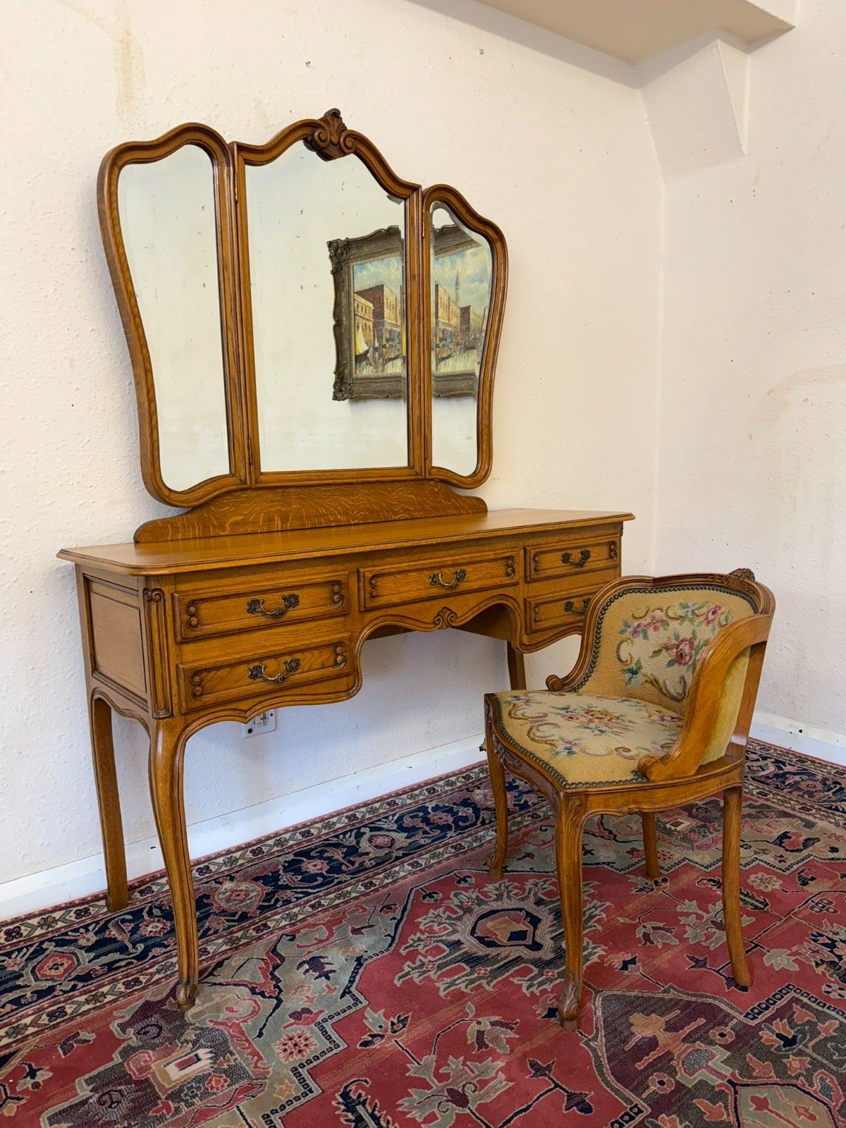 French Carved Oak Tripple Mirrored Dressing Table And Chair Circa 1950 photo furniture