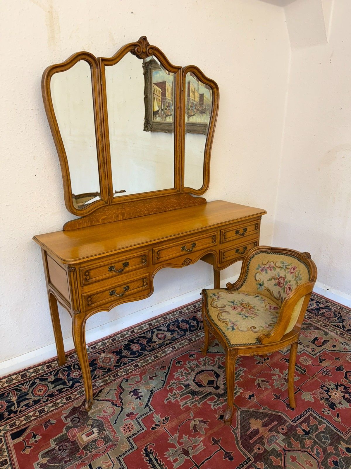 French Carved Oak Tripple Mirrored Dressing Table And Chair Circa 1950 photo for sale