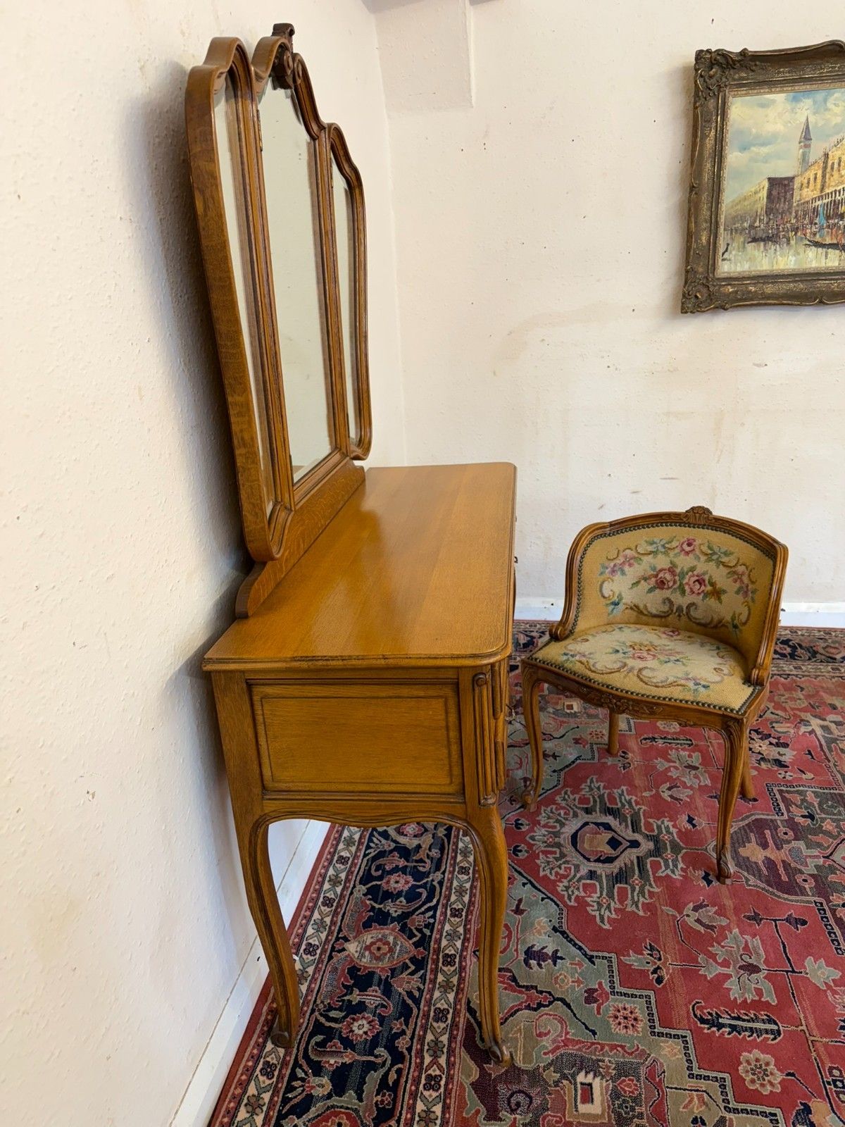 photo furniture French Carved Oak Tripple Mirrored Dressing Table And Chair Circa 1950