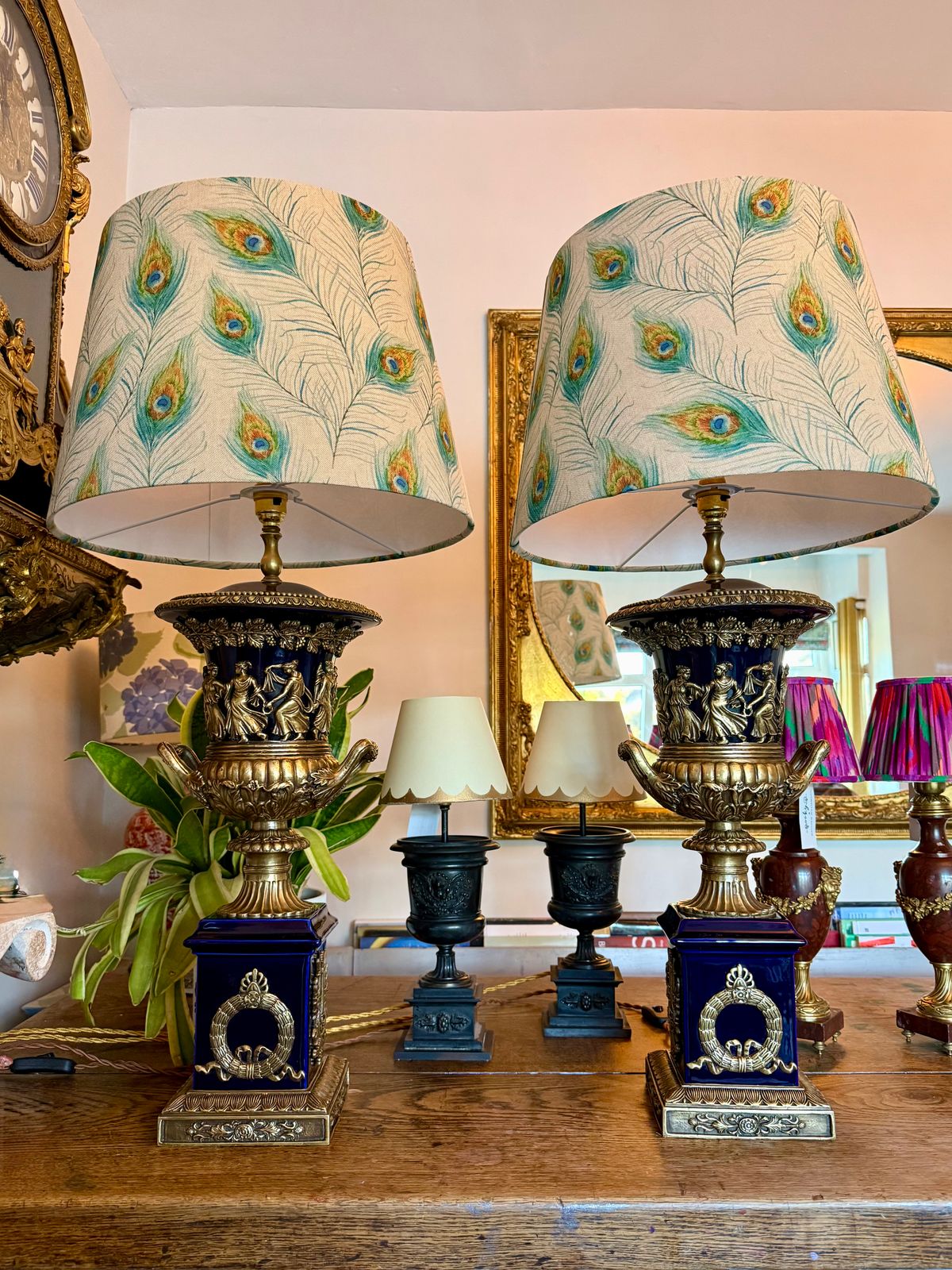 Pair Of Large Urn Lamps Brass And Blue Ceramic Lamps Regency Lamps photo vinterior