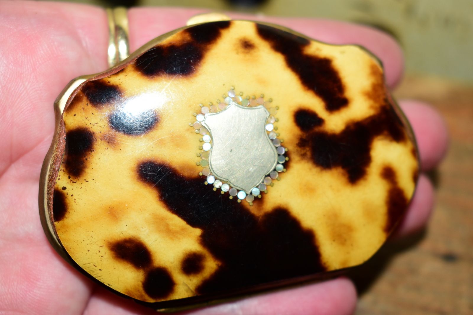 photo buy Victorian Dyed Horn Coin Purse With Piqué Inlay, Rare Lift Clasp & Pink Moiré Silk