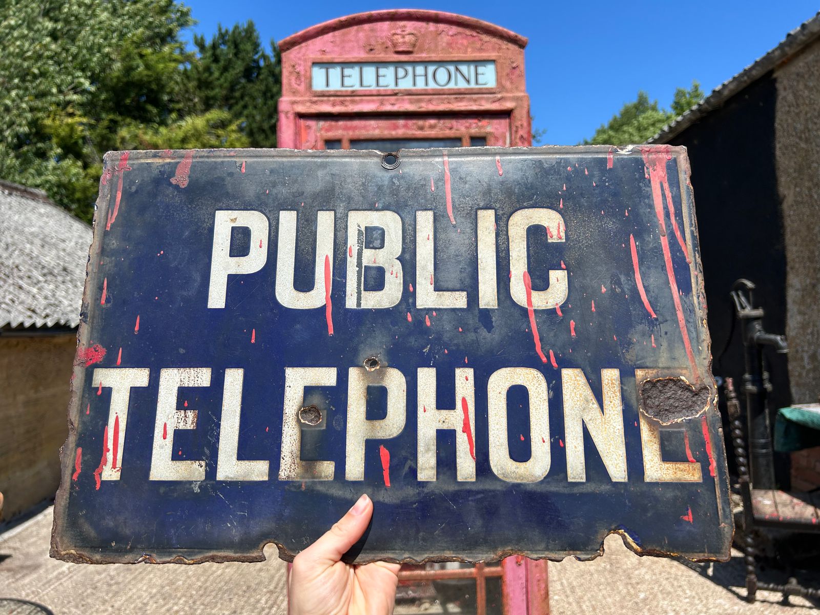 Vintage Enamel Public Telephone Sign Double Sided, 46x31 Cm.