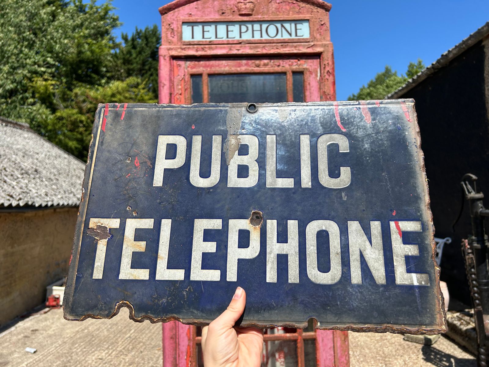 Vintage Enamel Public Telephone Sign Double Sided, 46x31 Cm. photo furniture