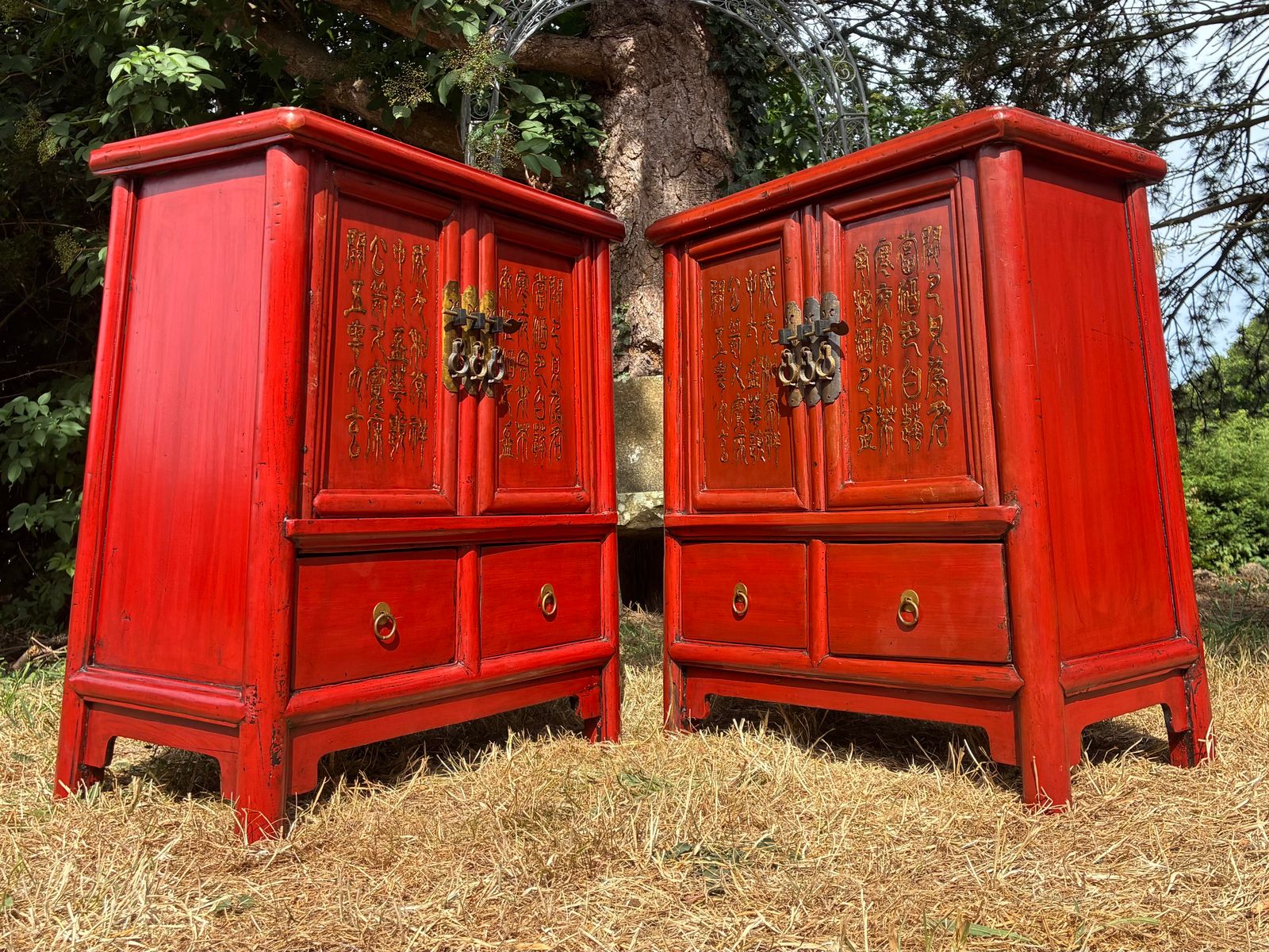 Antique Red Lacquered Chinese Bedside Tables Side Tables Cabinet photo for sale