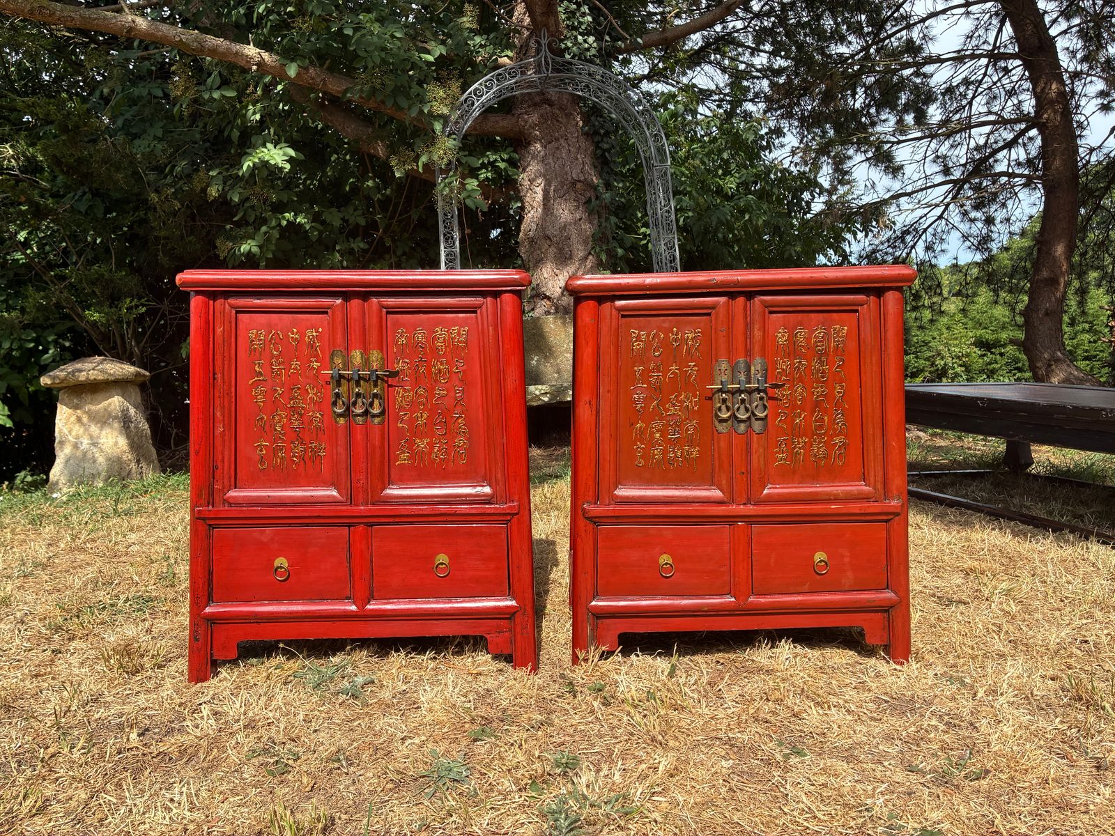Antique Red Lacquered Chinese Bedside Tables Side Tables Cabinet photo buy