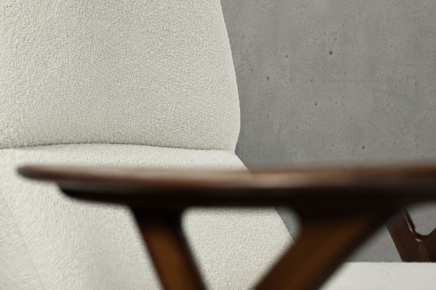 photo for sale Mid Century Norwegian Modern Teak And White Bouclé Lounge Chair, 1960s