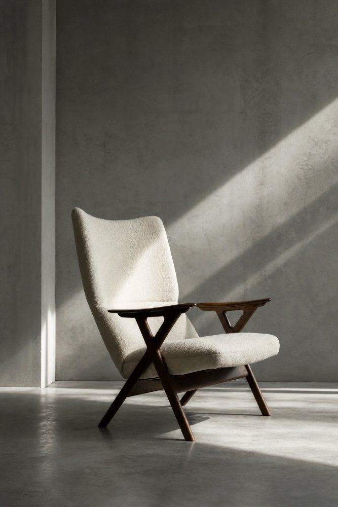 Furniture Mid Century Norwegian Modern Teak And White Bouclé Lounge Chair, 1960s photo