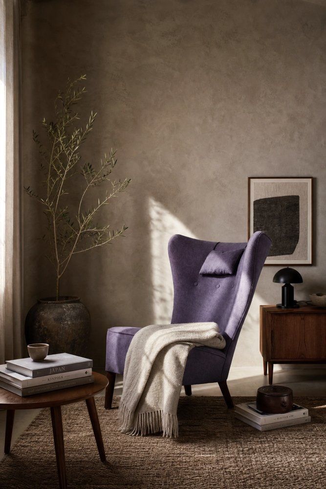 Fauteuil à oreilles scandinave Modern vintage en chêne et tissu violet, années 1950 photo for sale
