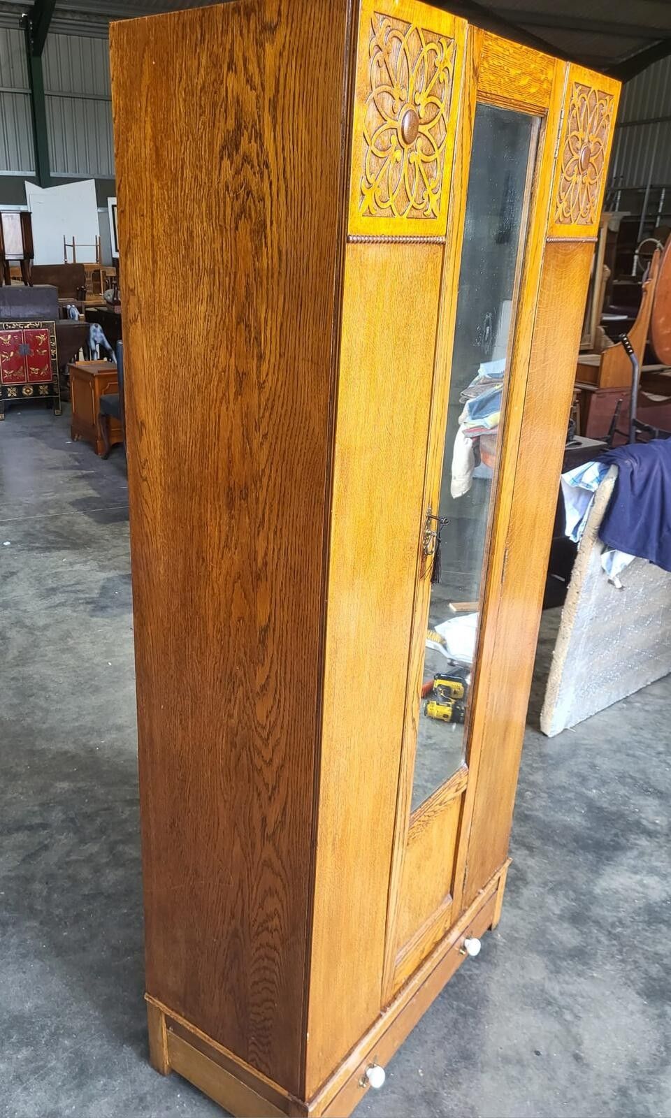 Antique Art Nouveau Oak Single Mirrored Door Wardobe Drawer photo vintage