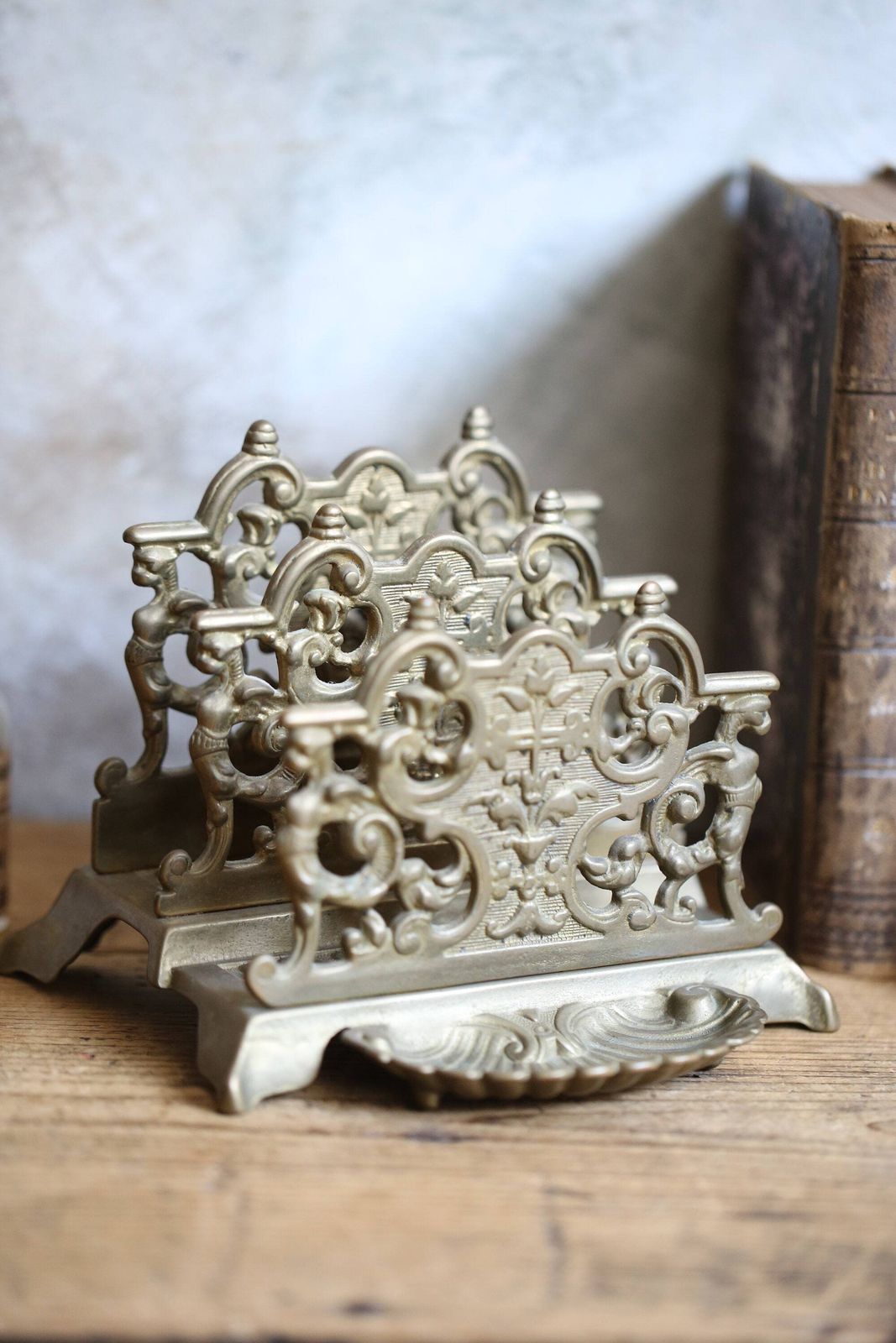 Antique Bronze Letter Rack Rococo French Paper Holder Desk Ornament photo vinterior