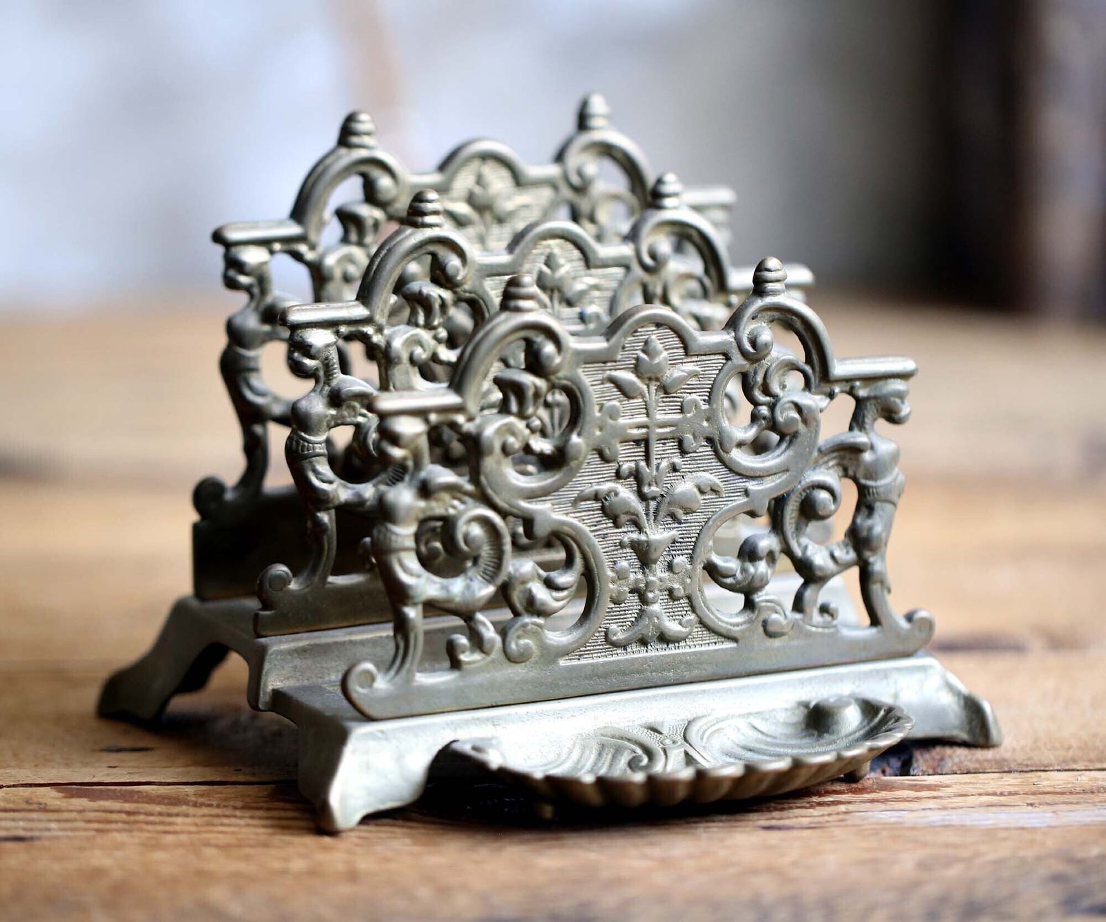Antique Bronze Letter Rack Rococo French Paper Holder Desk Ornament photo vintage