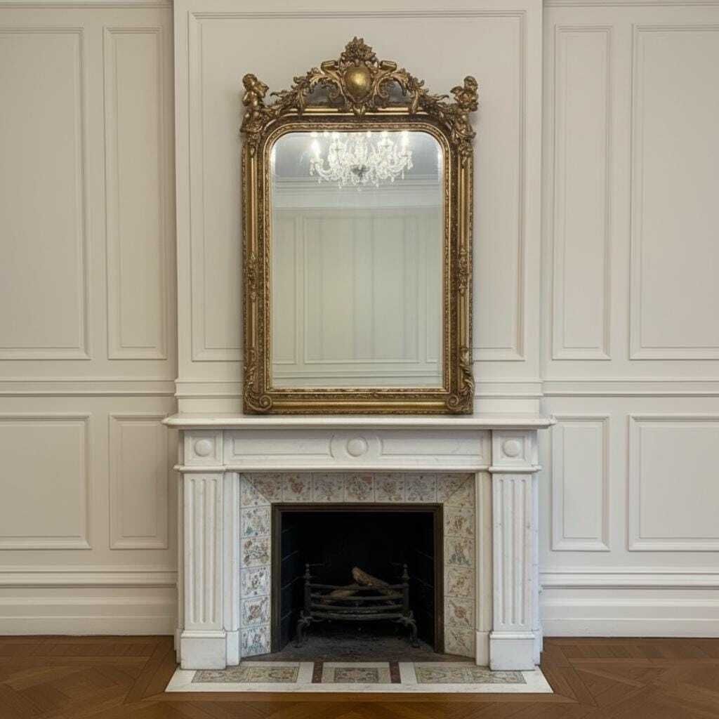 Gilt Wood French Mirror With Cherub Detail