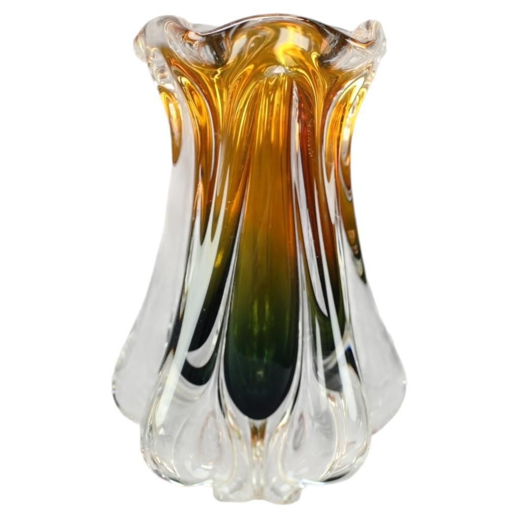 Mid-Century amber en groene kunstglazen vaas van Josef Hospodka, jaren 1960