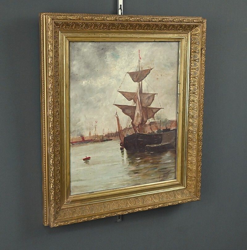 Painting "Sailboat On A Calm Sea", Oil On Canvas – Late 19th Century photo for sale