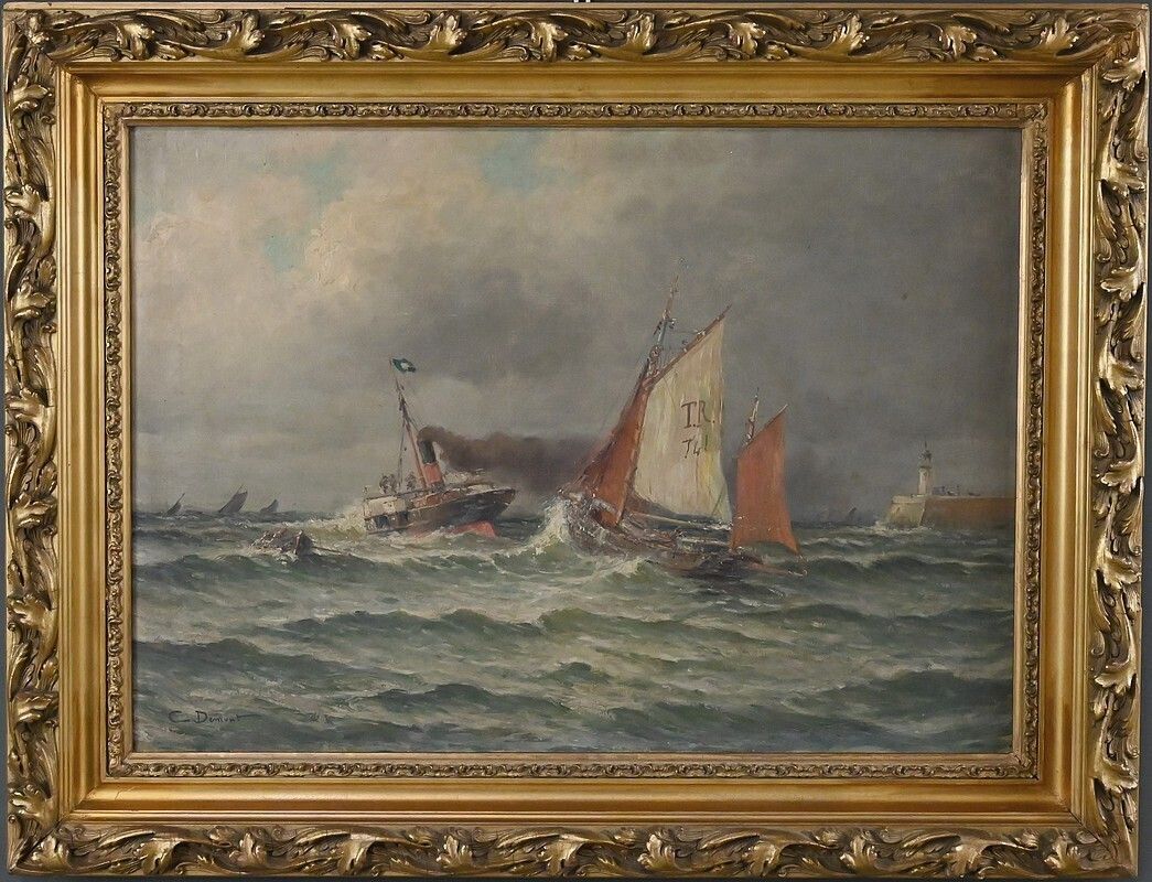 Painting "Entrance To The Port By Rough Seas", Oil On Canvas, Signed C. Demont – Early 20th Century photo vinterior