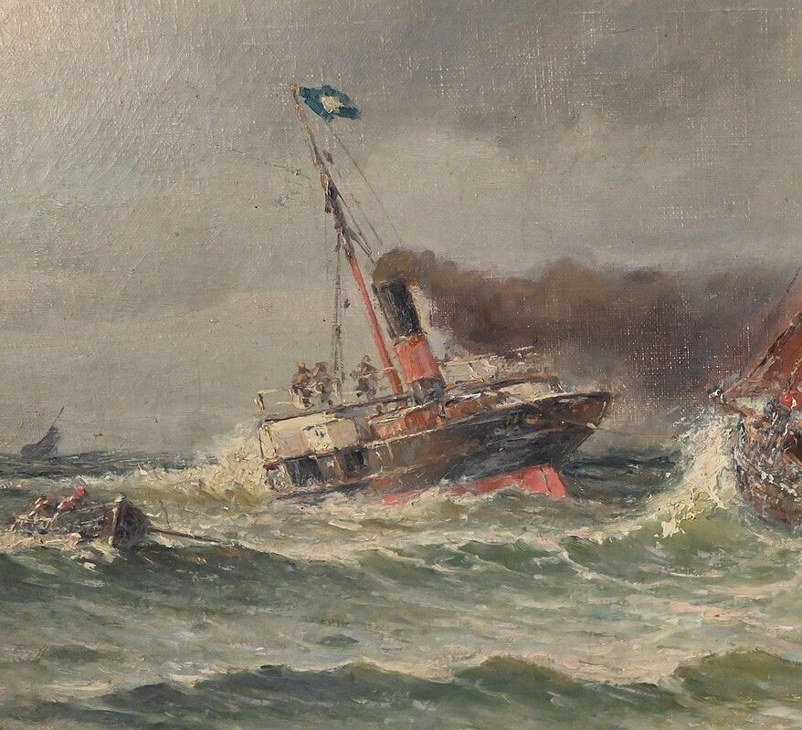 1670.0 Painting "Entrance To The Port By Rough Seas", Oil On Canvas, Signed C. Demont – Early 20th Century photo