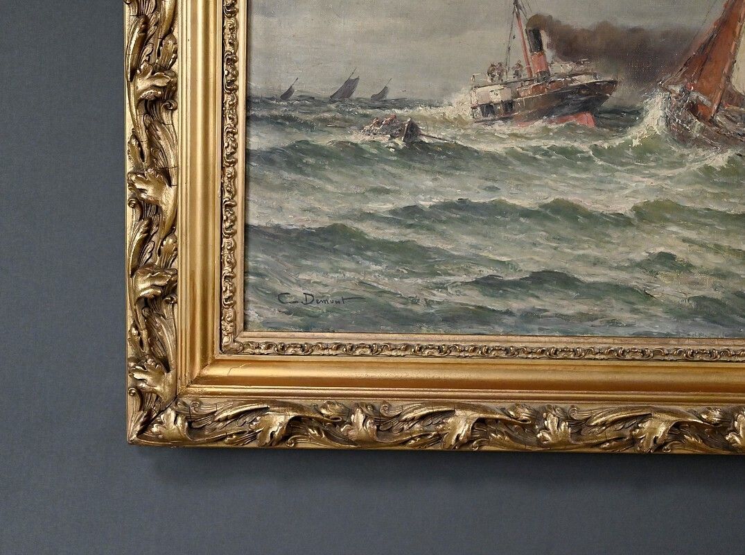 photo buy Painting "Entrance To The Port By Rough Seas", Oil On Canvas, Signed C. Demont – Early 20th Century