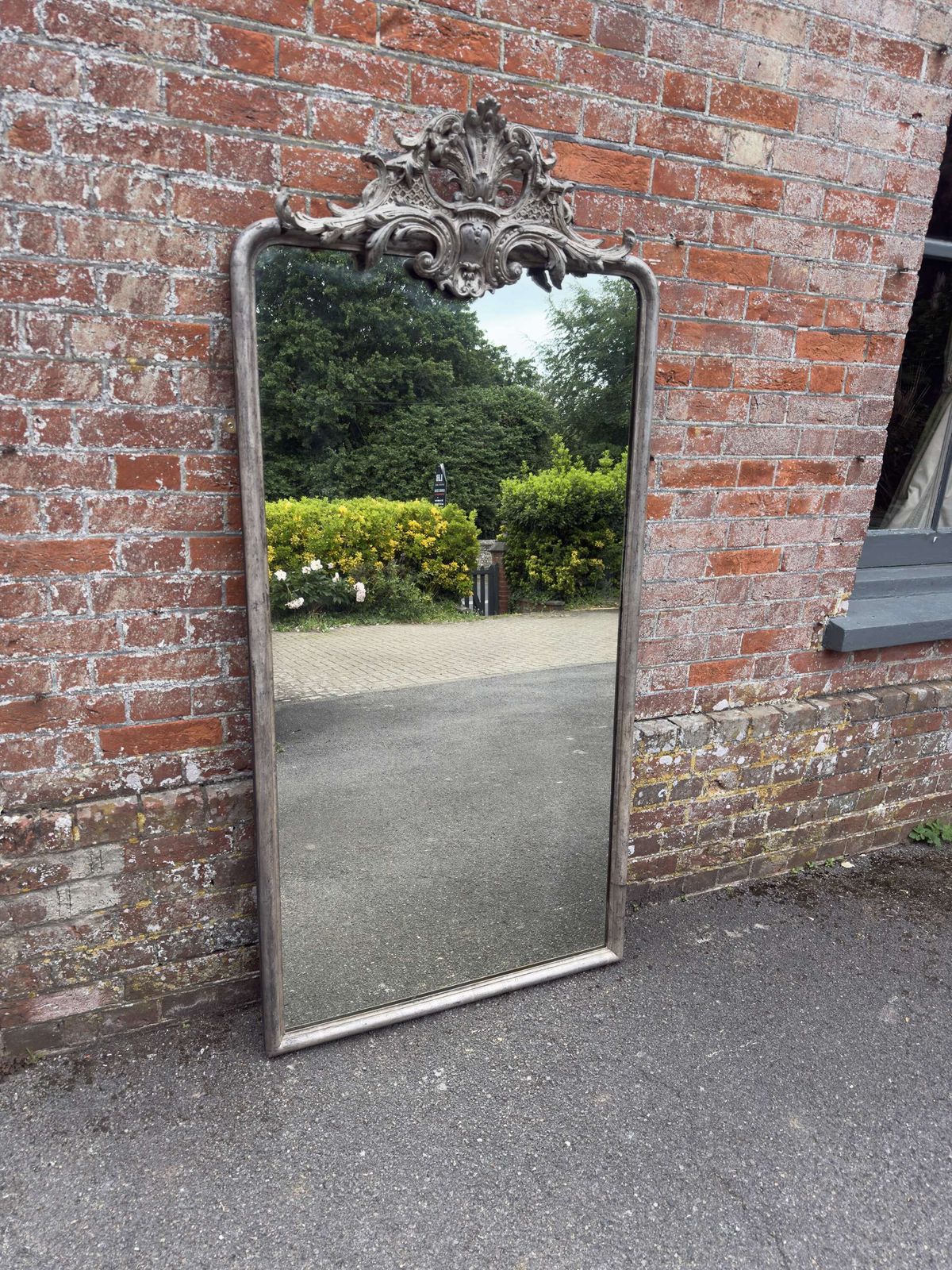 A Sensational Large Antique French 19th Century Arched Top Original Silvered Mirror