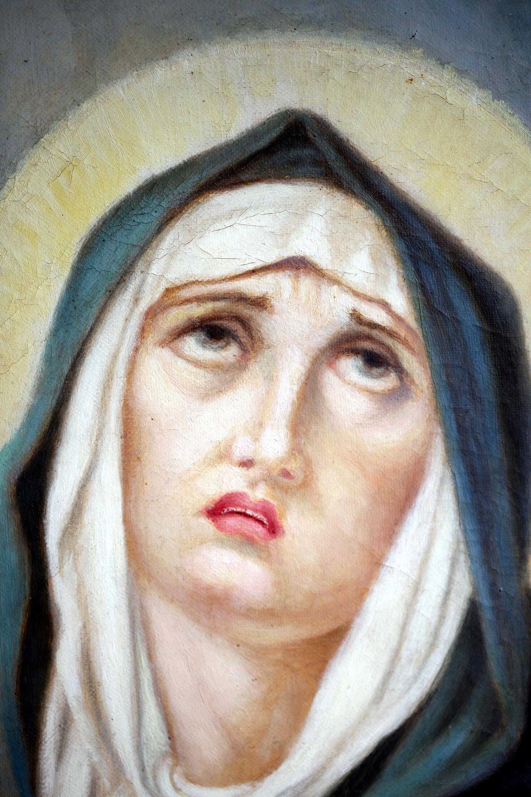 Antique Our Lady Of Sorrows Oil Painting On Canvas Oval Madonna Portrait Virgin Mary photo Art